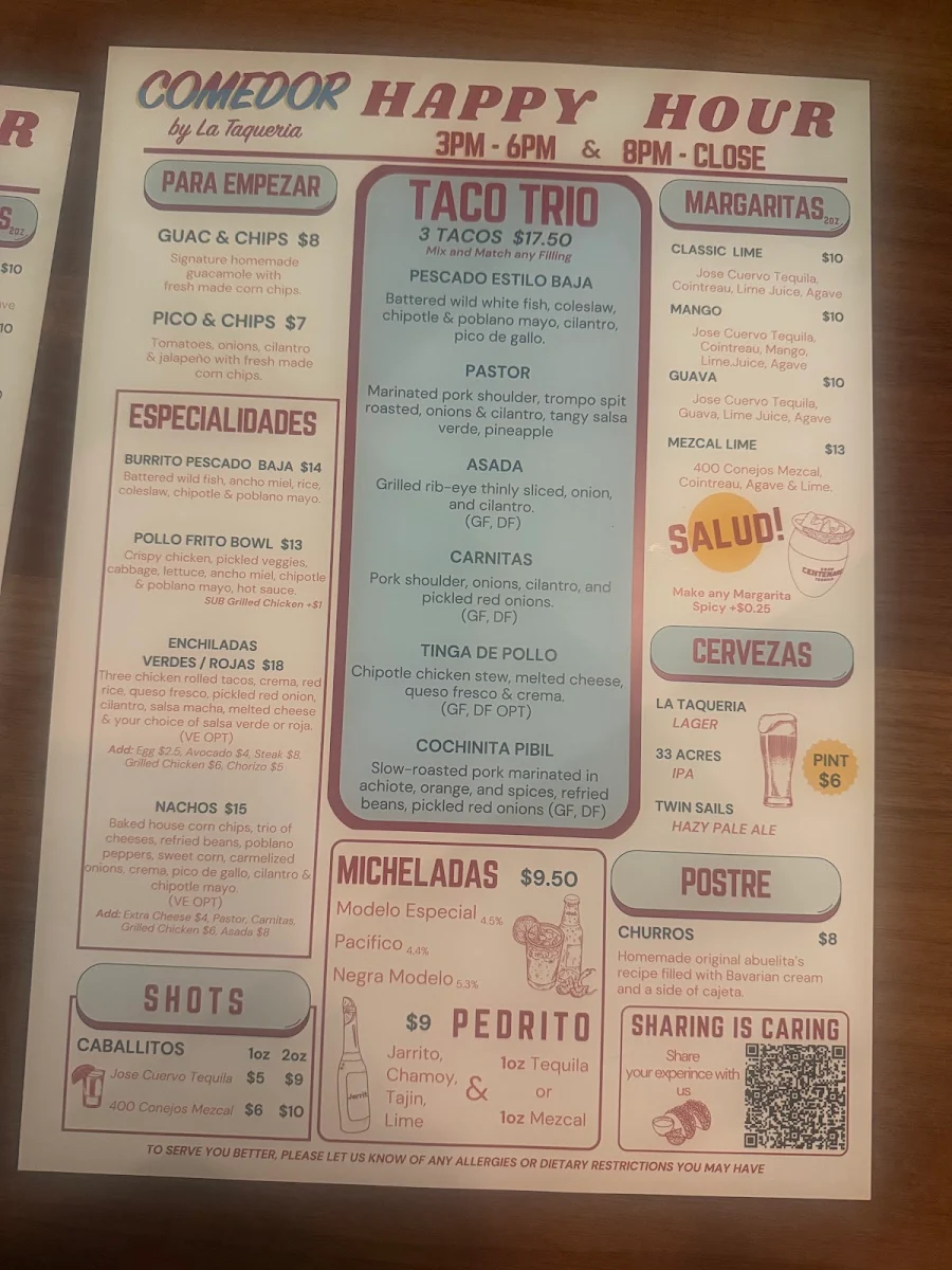 Menu, COMEDOR By La Taqueria Pinche Taco Shop