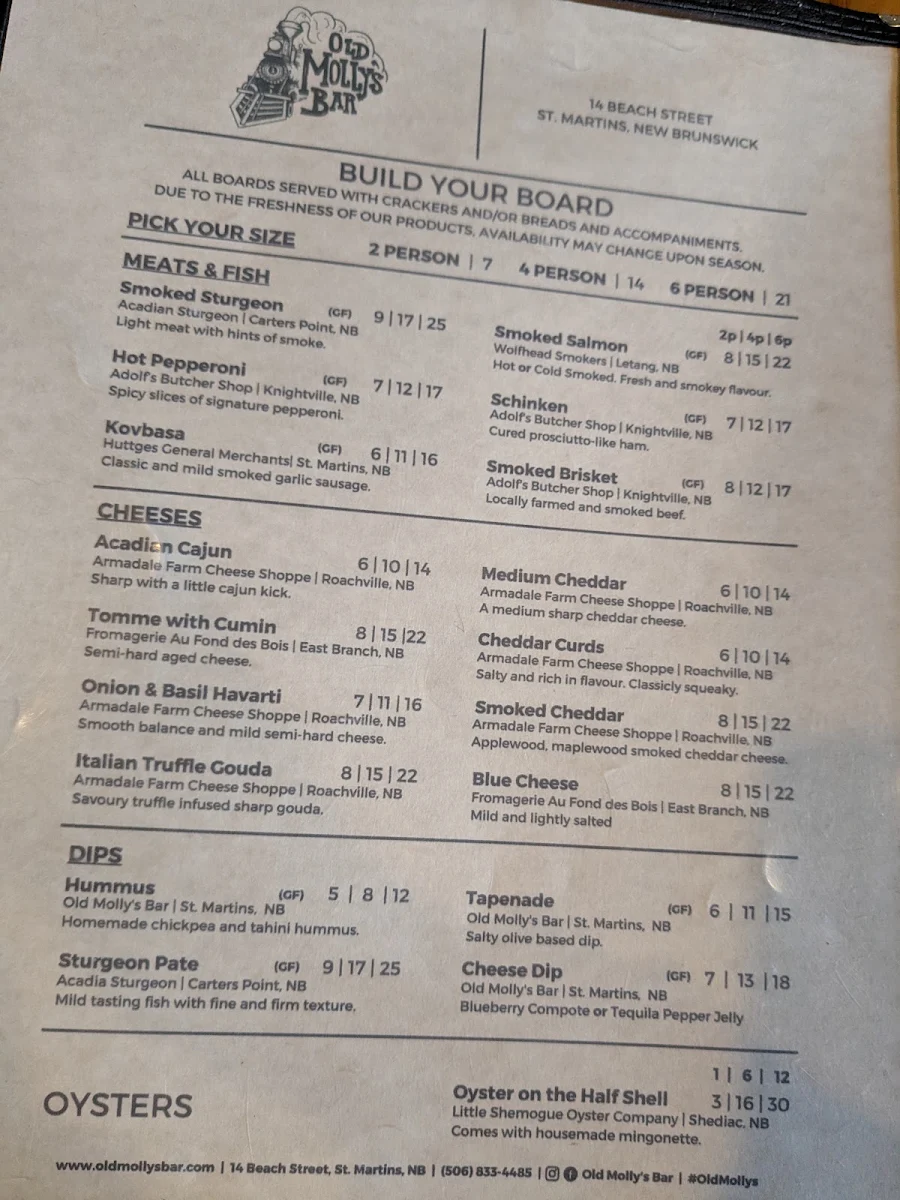 Menu, Old Molly's Bar
