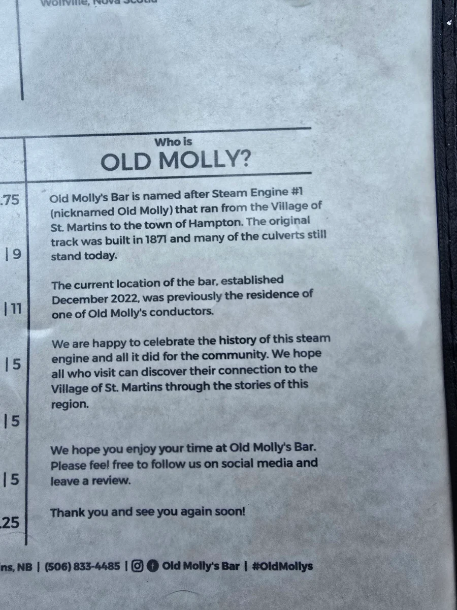 Menu, Old Molly's Bar