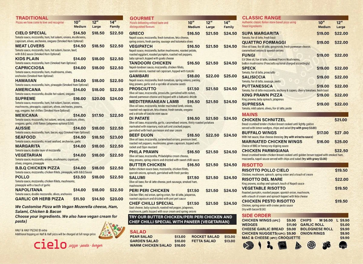 Menu, Cielo Pizza & More