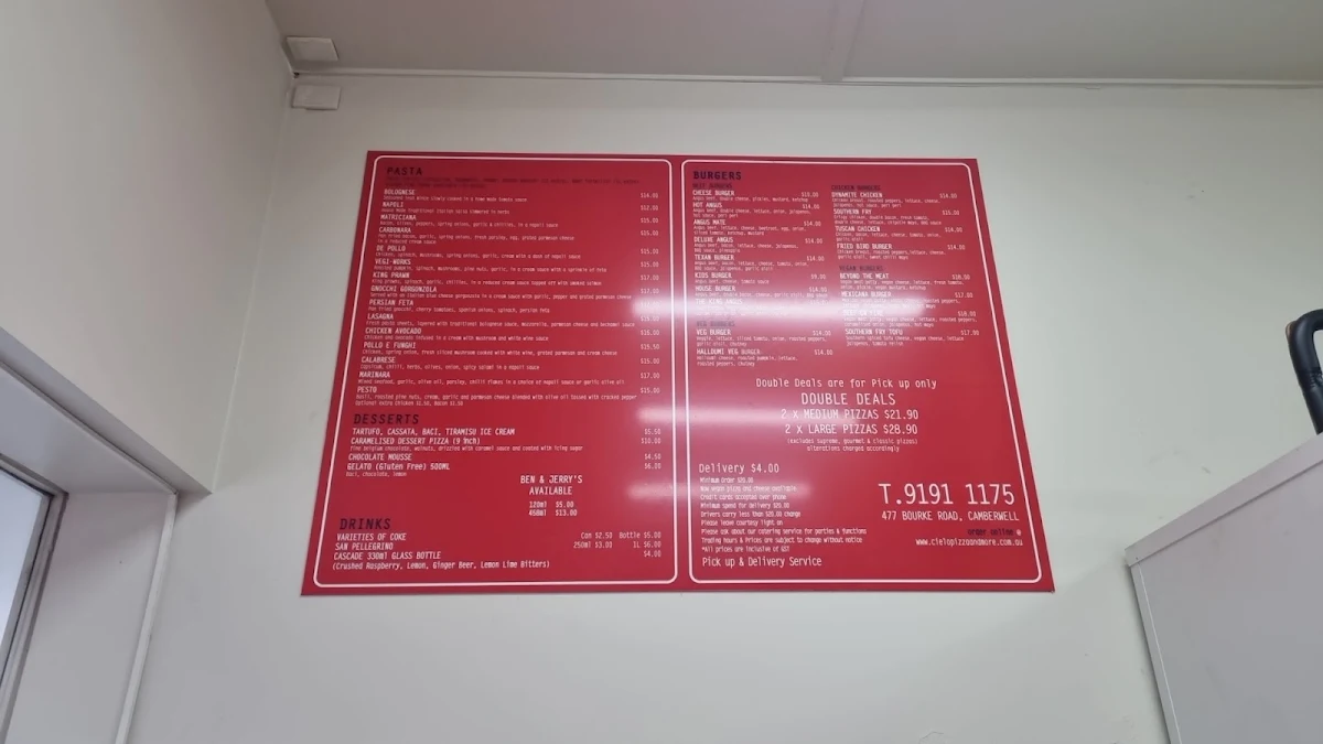 Menu, Cielo Pizza & More