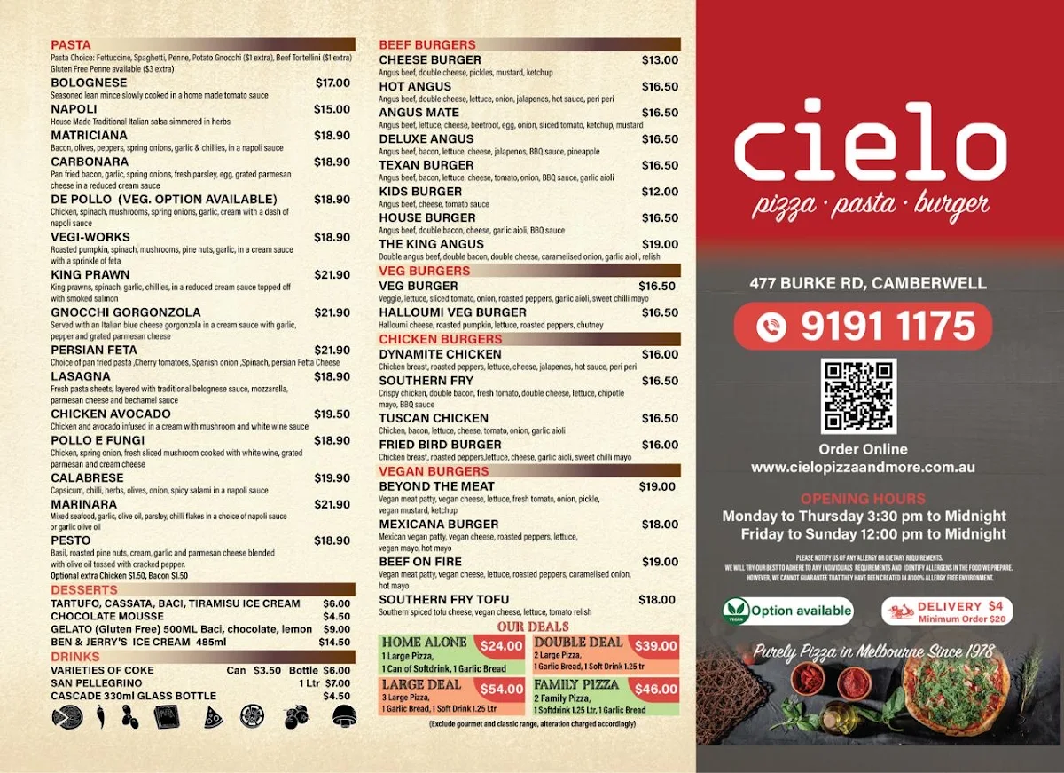 Menu, Cielo Pizza & More