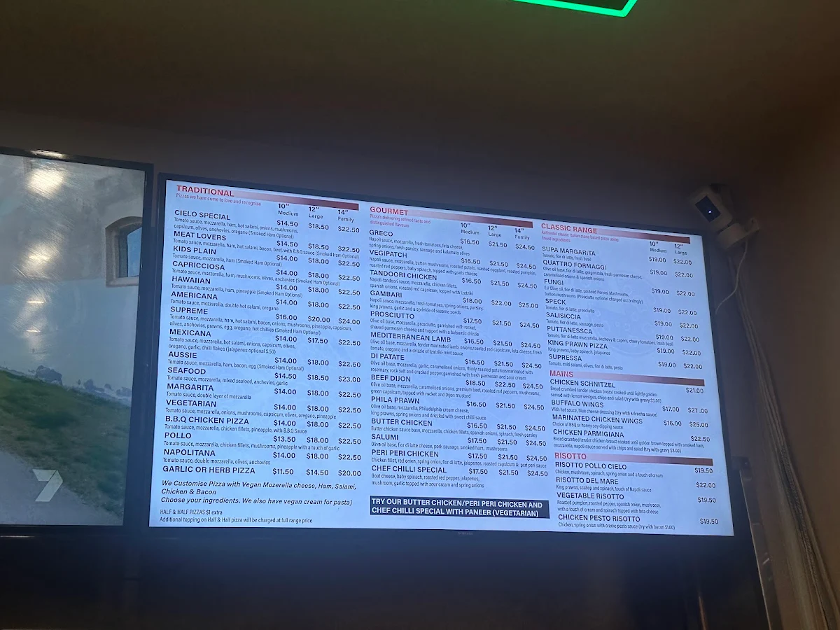 Menu, Cielo Pizza & More