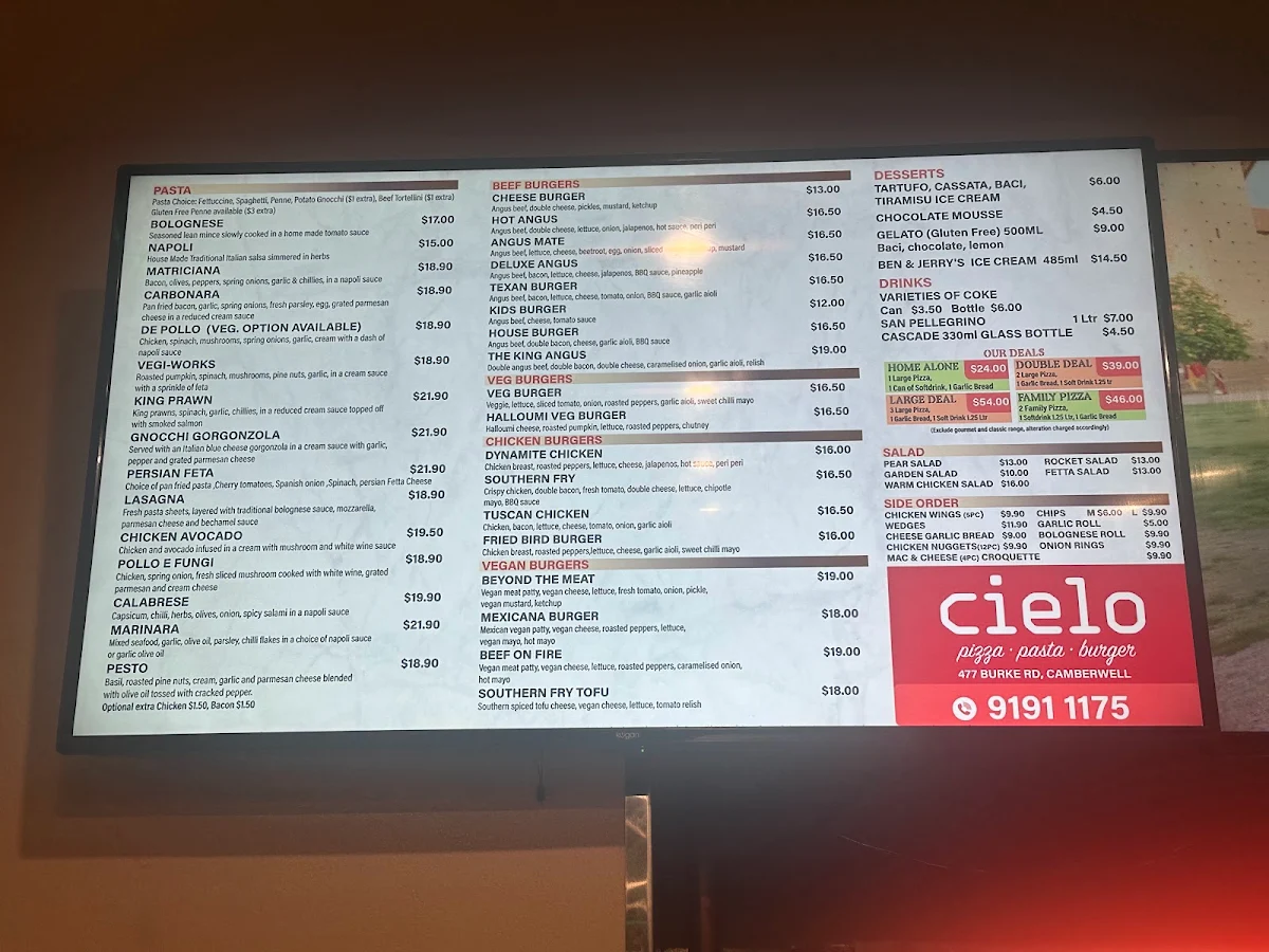 Menu, Cielo Pizza & More