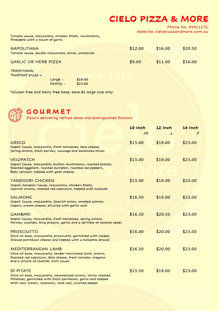Menu, Cielo Pizza & More