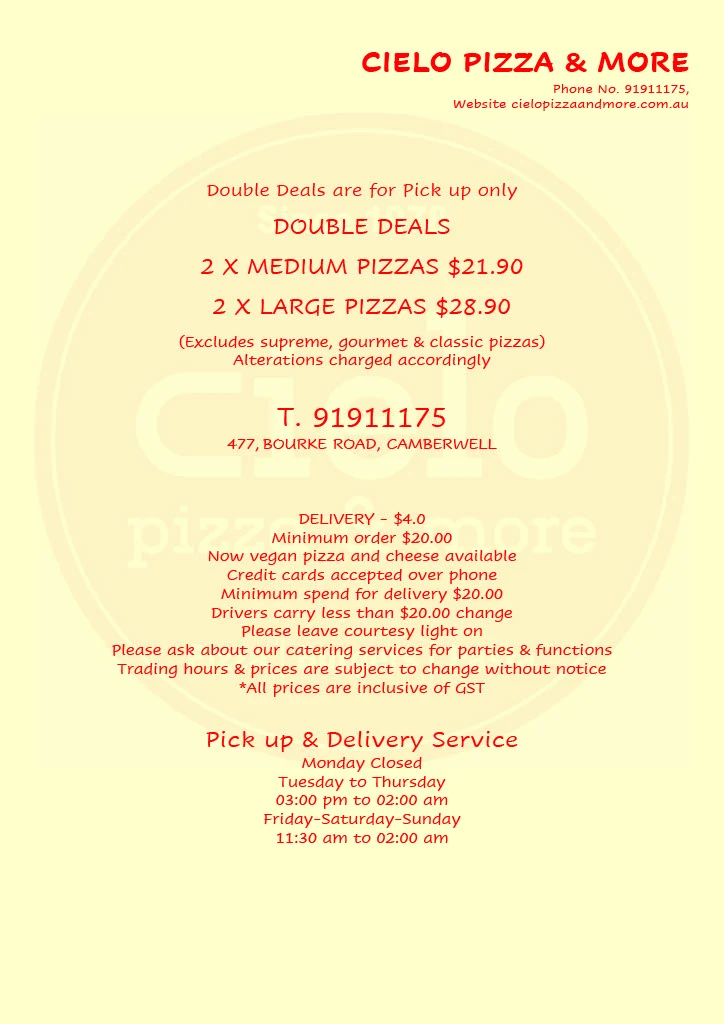 Menu, Cielo Pizza & More