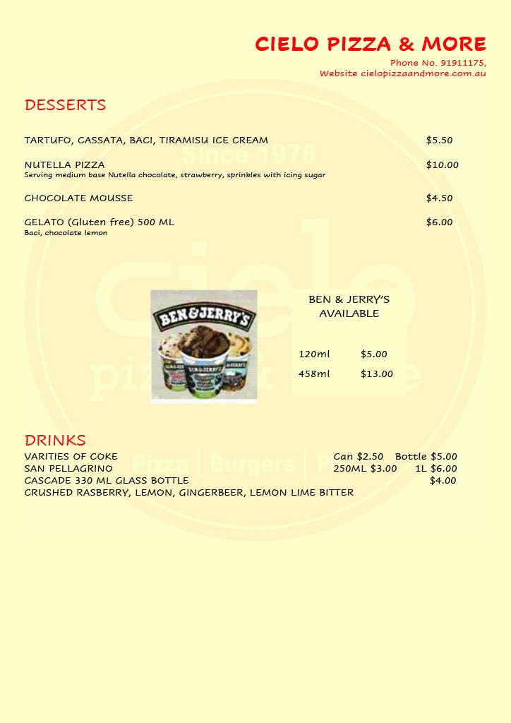 Menu, Cielo Pizza & More