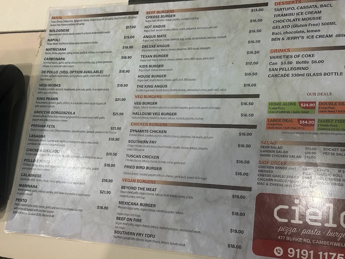 Menu, Cielo Pizza & More