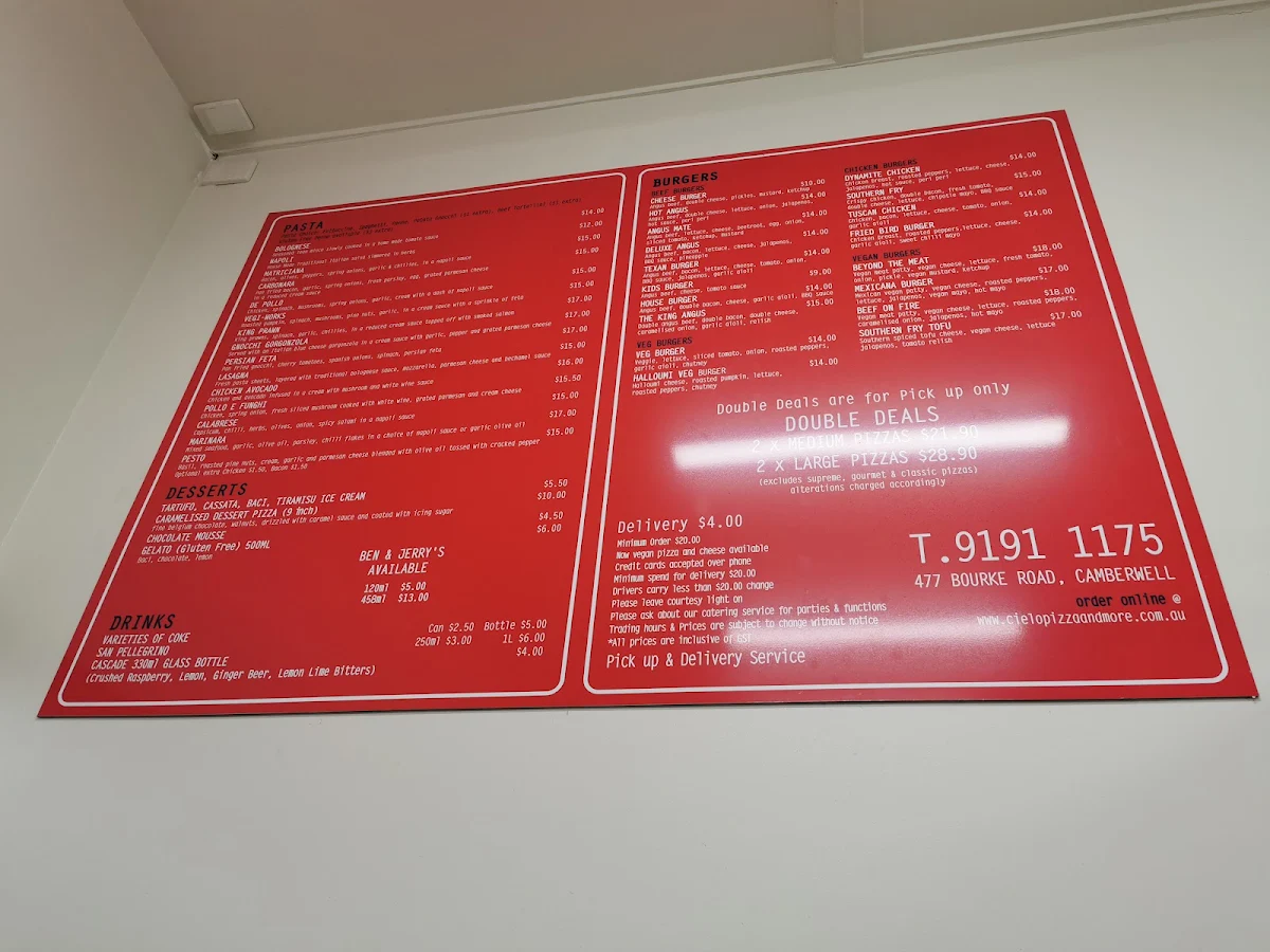 Menu, Cielo Pizza & More