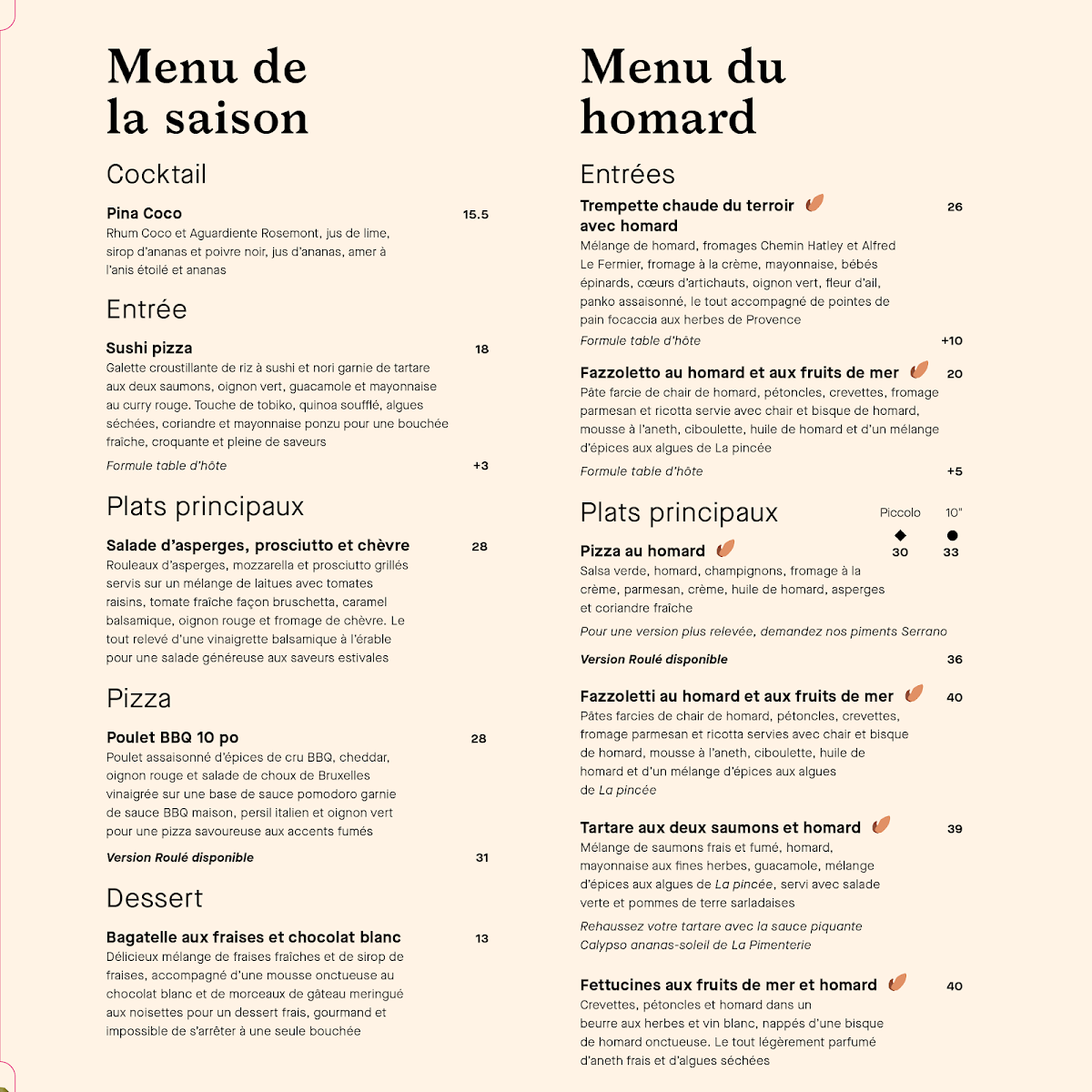 Menu, La Piazzetta Saint-Jean