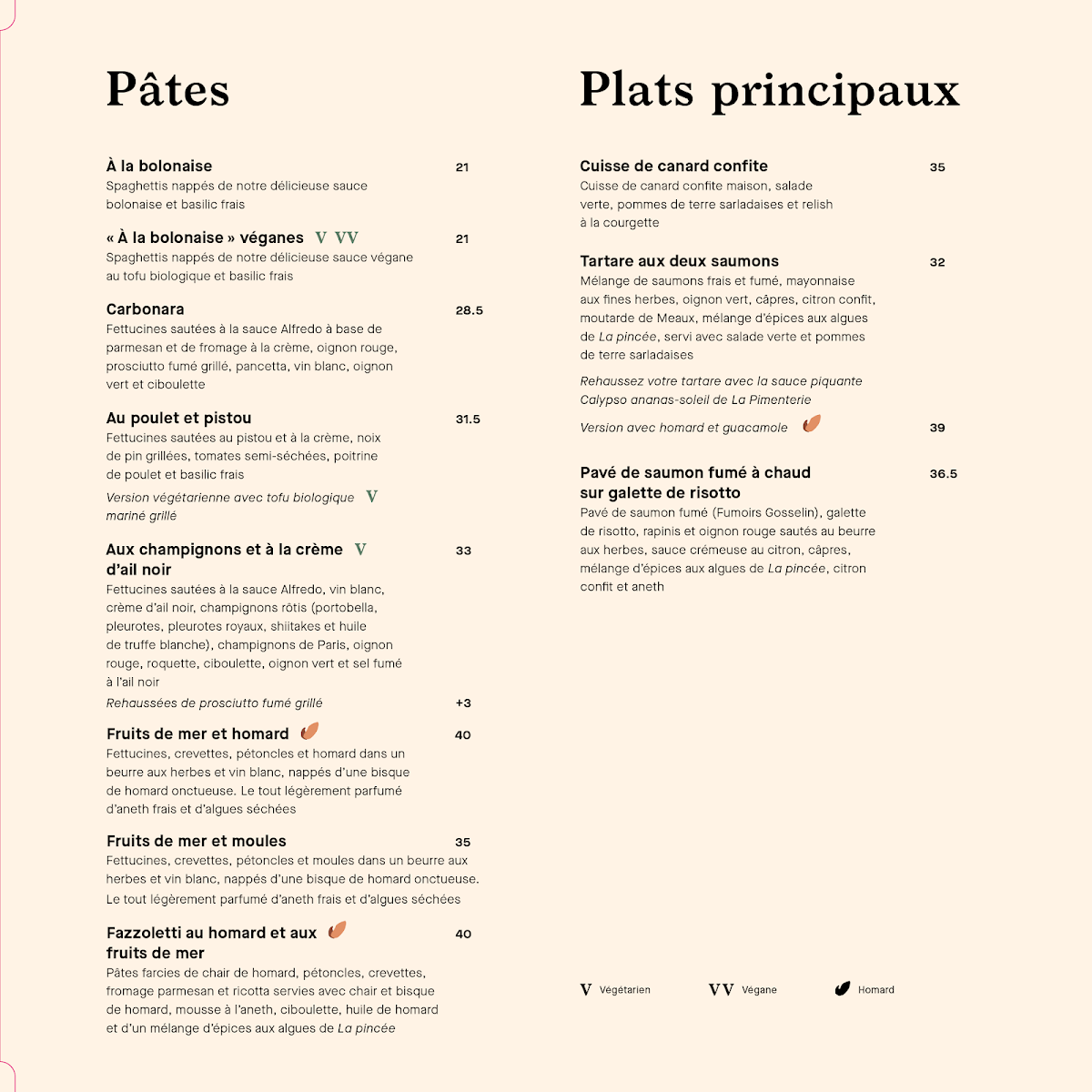 Menu, La Piazzetta Saint-Jean