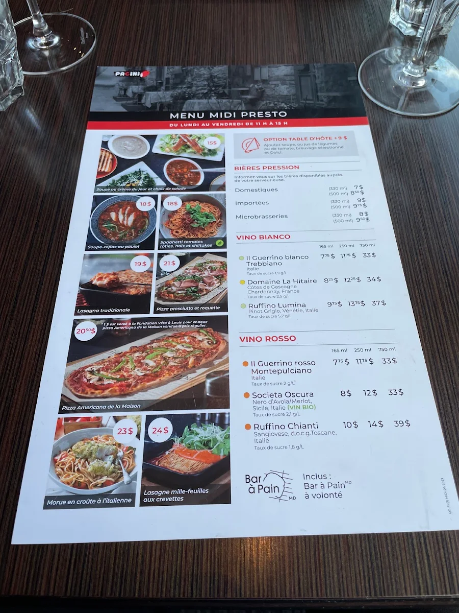 Menu, Pacini Vaudreuil-Dorion