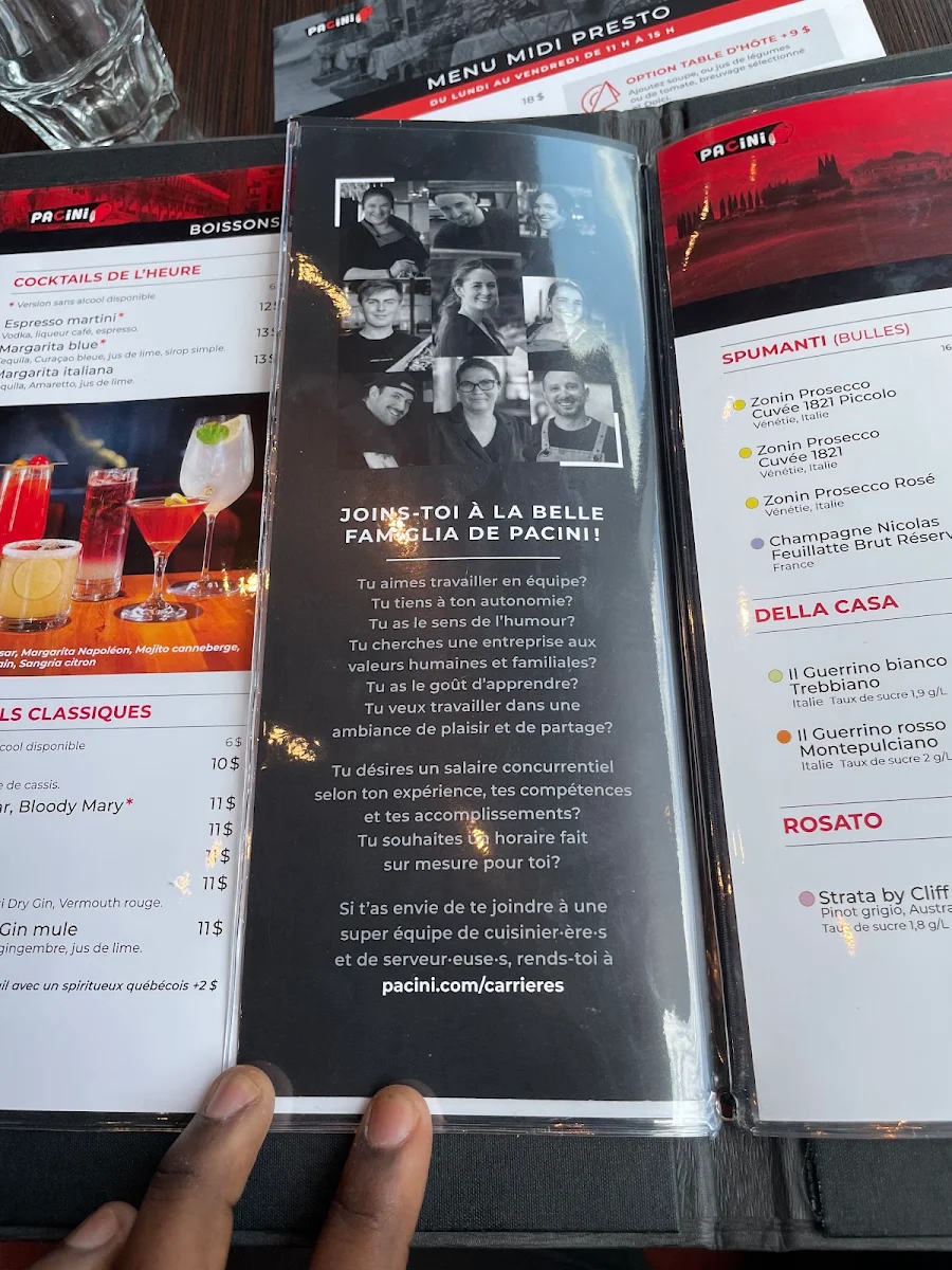 Menu, Pacini Vaudreuil-Dorion