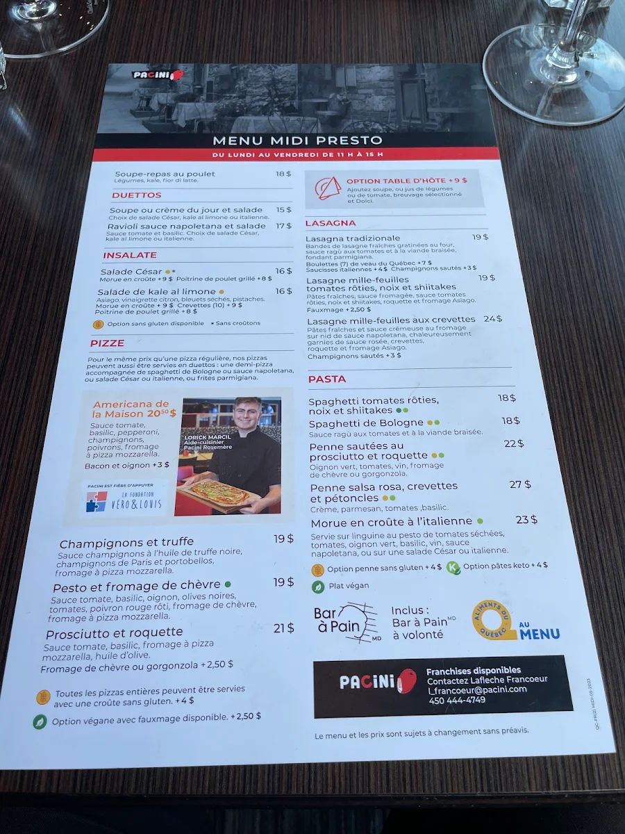 Menu, Pacini Vaudreuil-Dorion