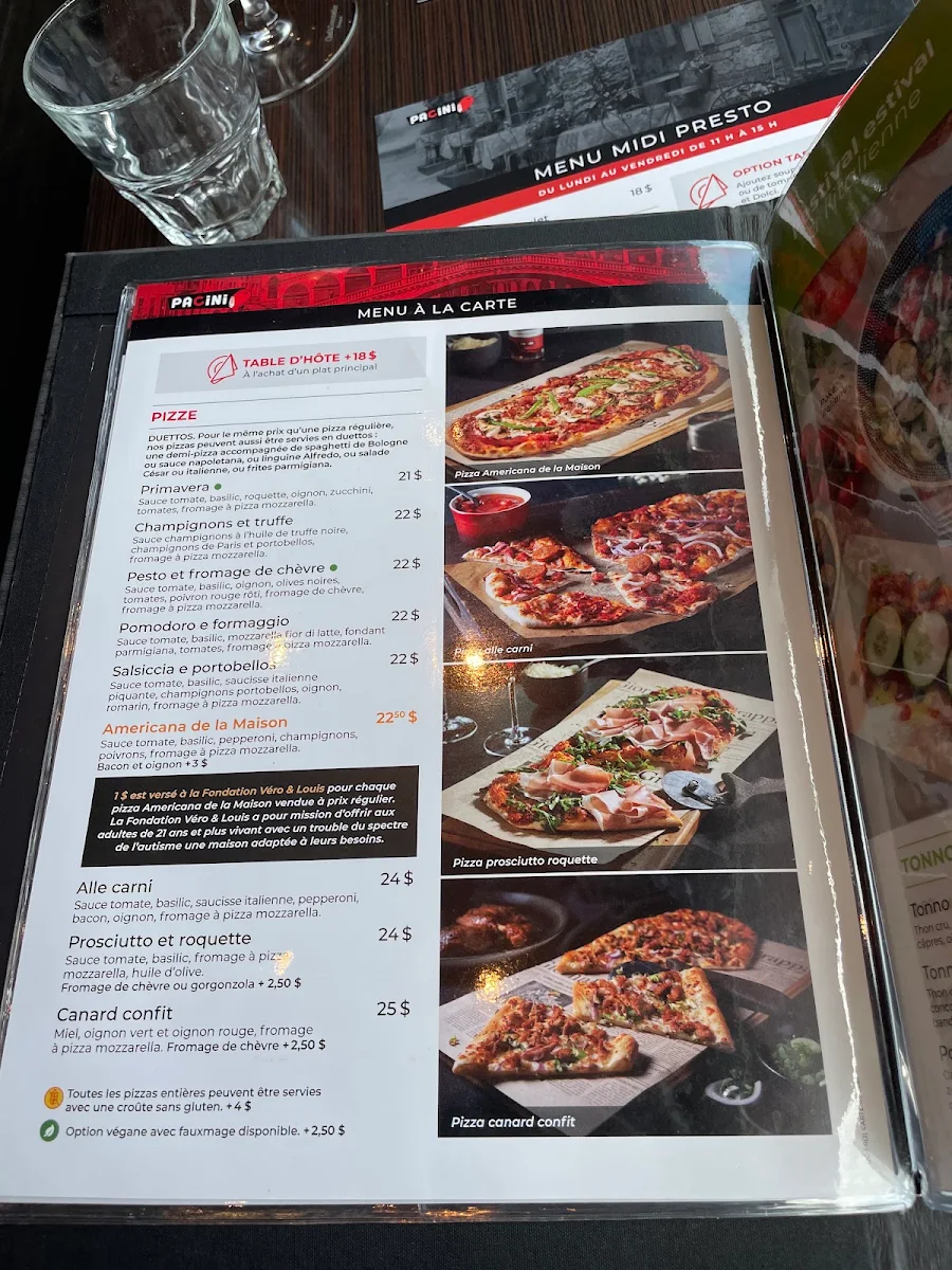 Menu, Pacini Vaudreuil-Dorion