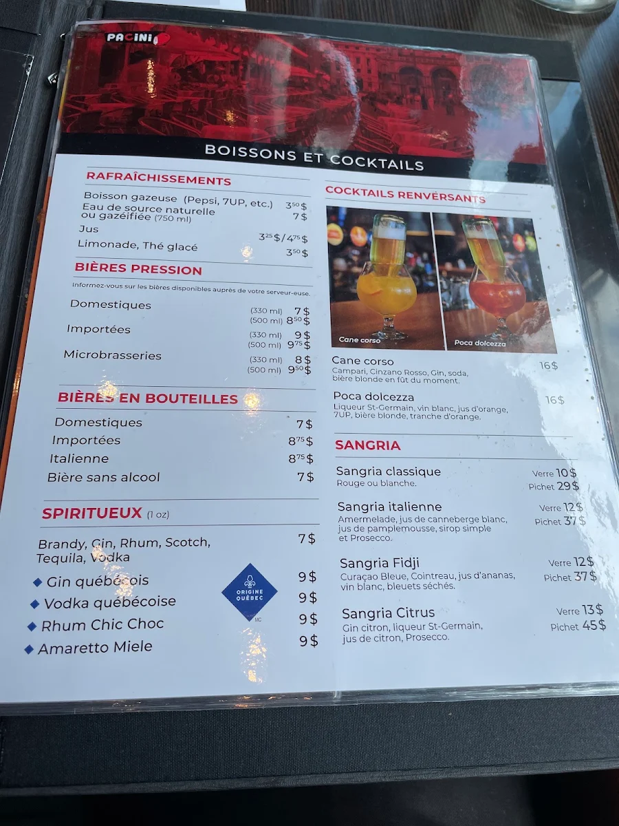 Menu, Pacini Vaudreuil-Dorion
