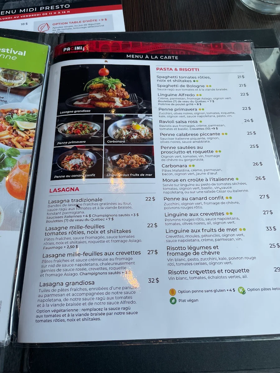Menu, Pacini Vaudreuil-Dorion