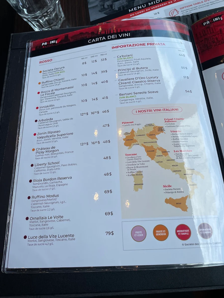 Menu, Pacini Vaudreuil-Dorion