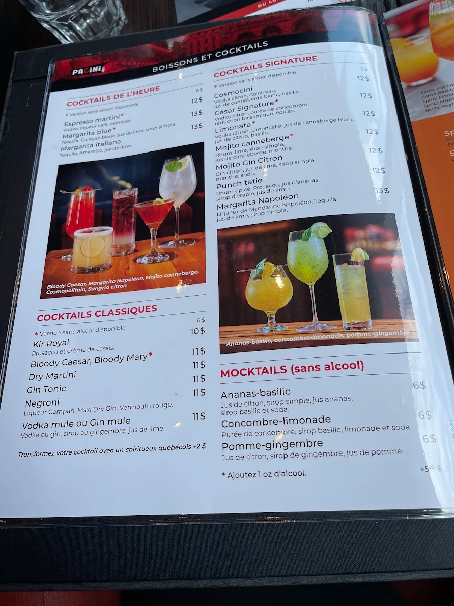 Menu, Pacini Vaudreuil-Dorion