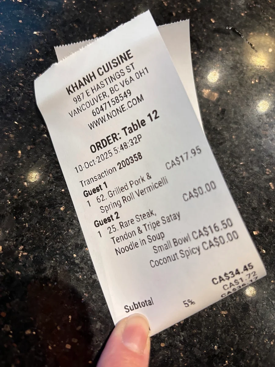 Menu, Pho Khanh Express (Hastings)