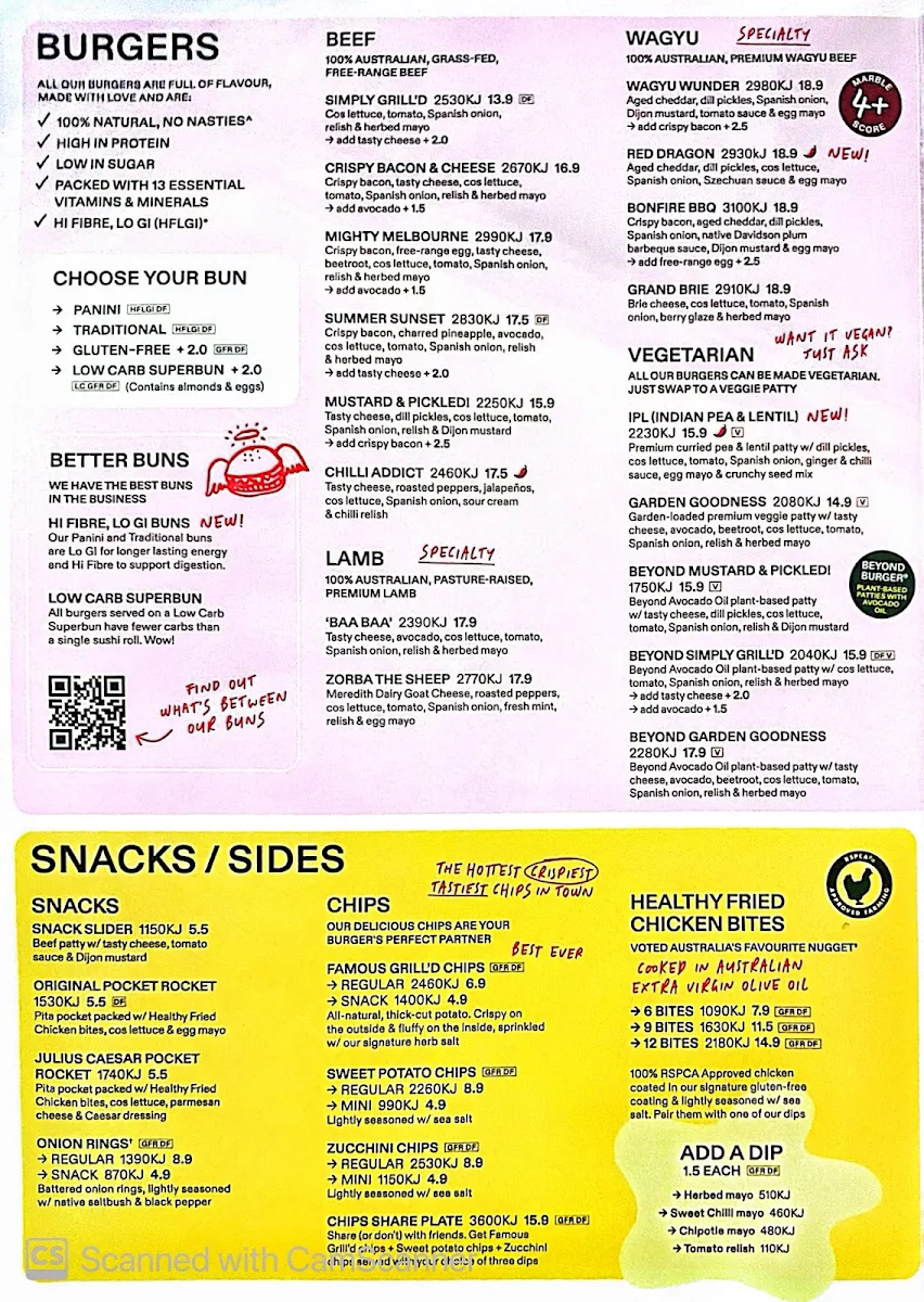 Menu, Grill'd Burgers - Flinders Lane