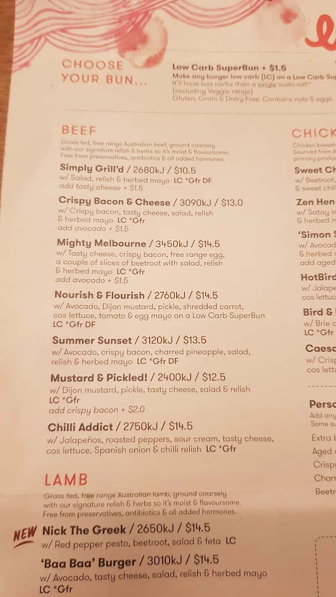 Menu, Grill'd Burgers - Flinders Lane