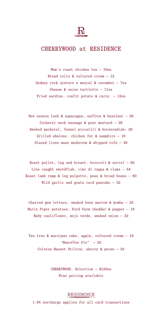 Menu, RESIDENCE at the Potter