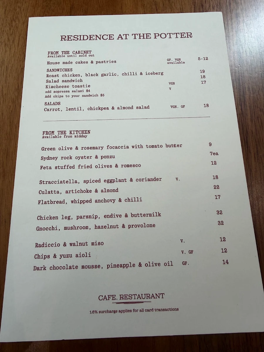 Menu, RESIDENCE at the Potter