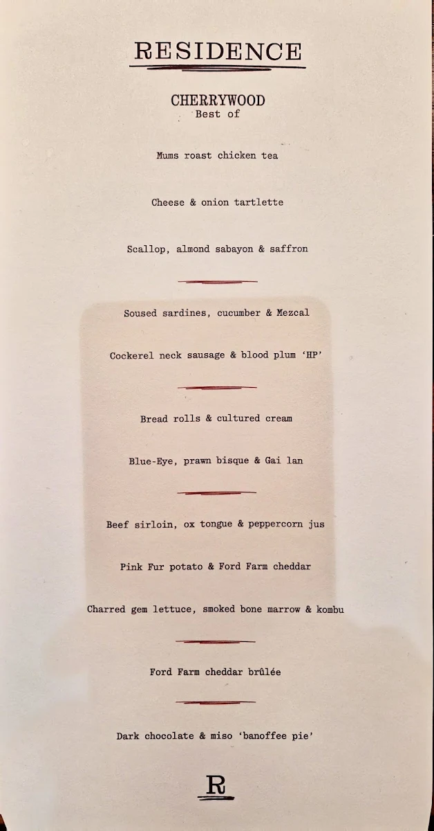 Menu, RESIDENCE at the Potter