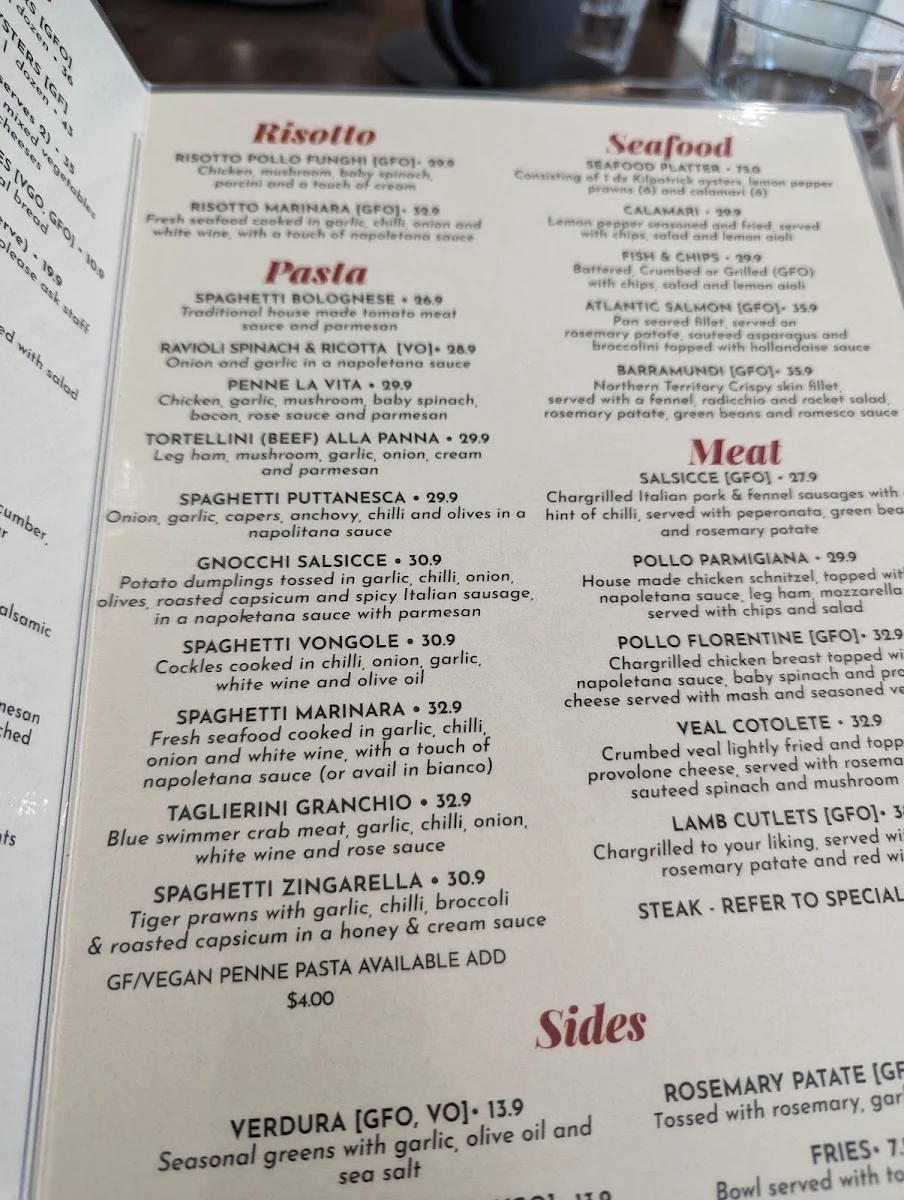 Menu, La Vita Ristorante Cafe