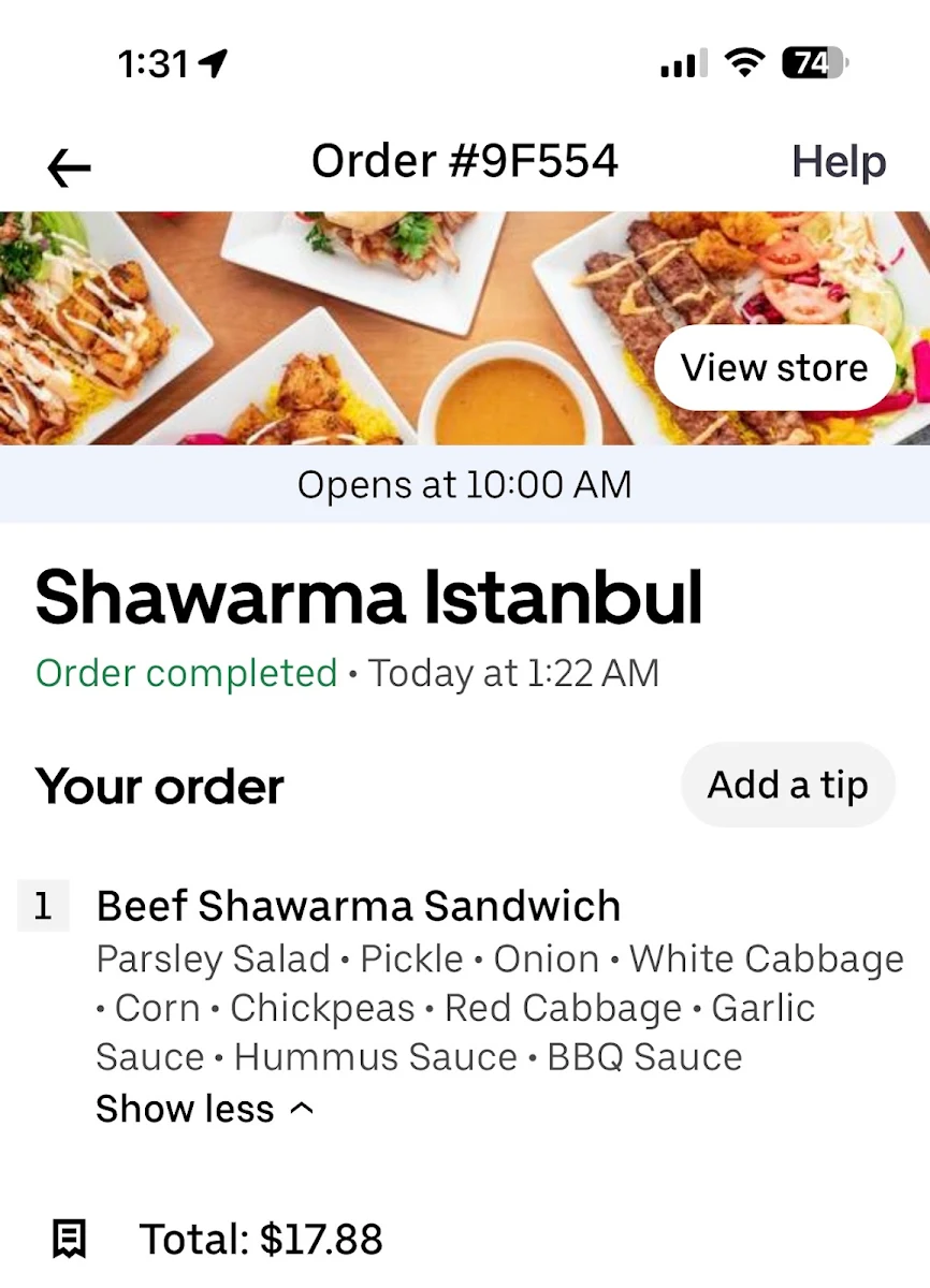 Menu, Shawarma Istanbul