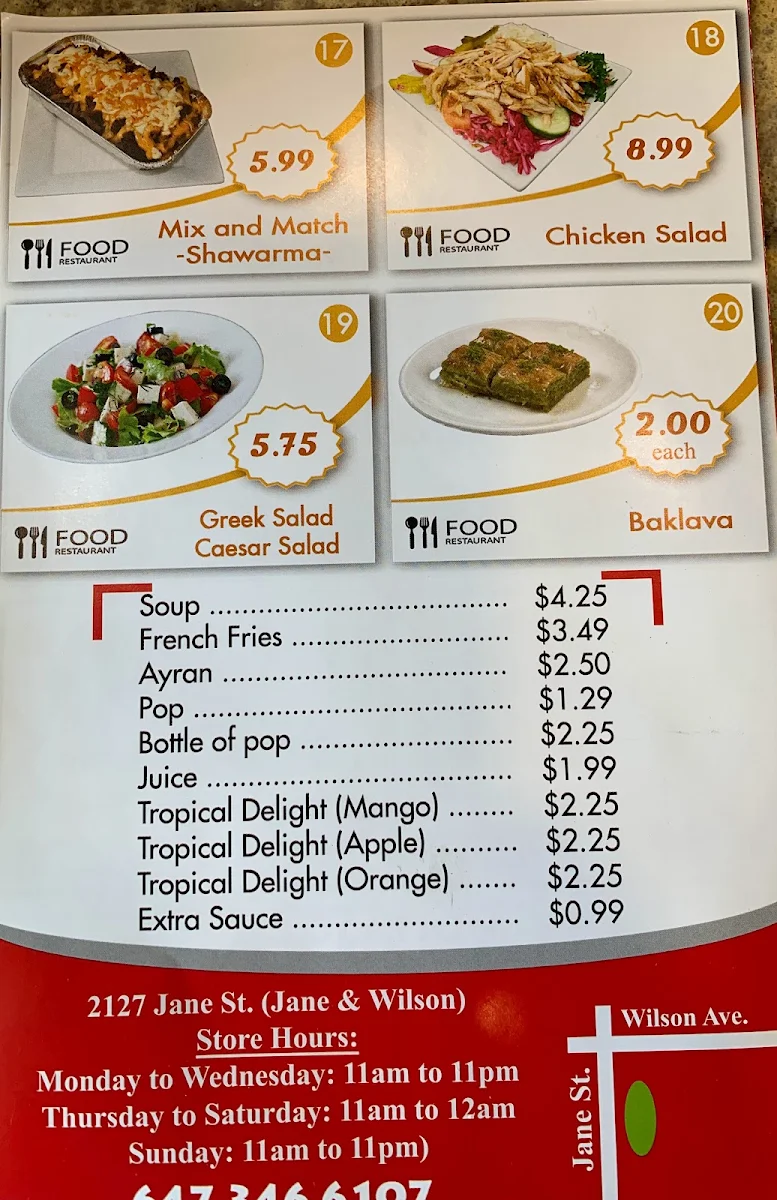 Menu, Shawarma Istanbul