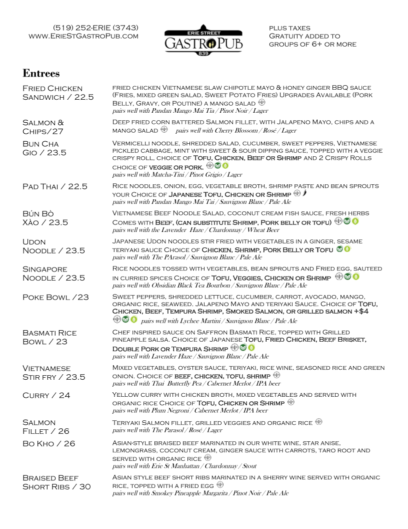 Menu, Erie St GastroPub