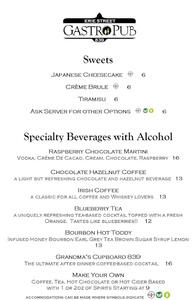 Menu, Erie St GastroPub