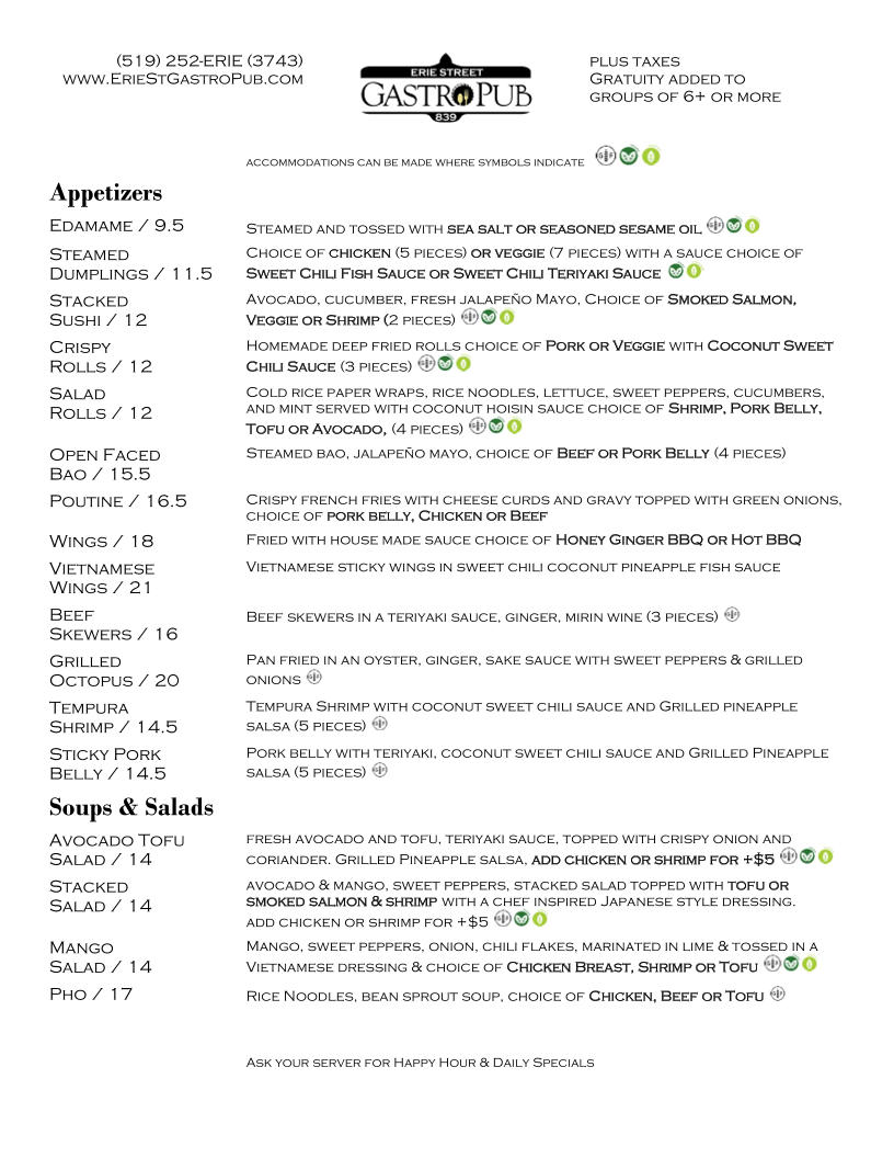 Menu, Erie St GastroPub