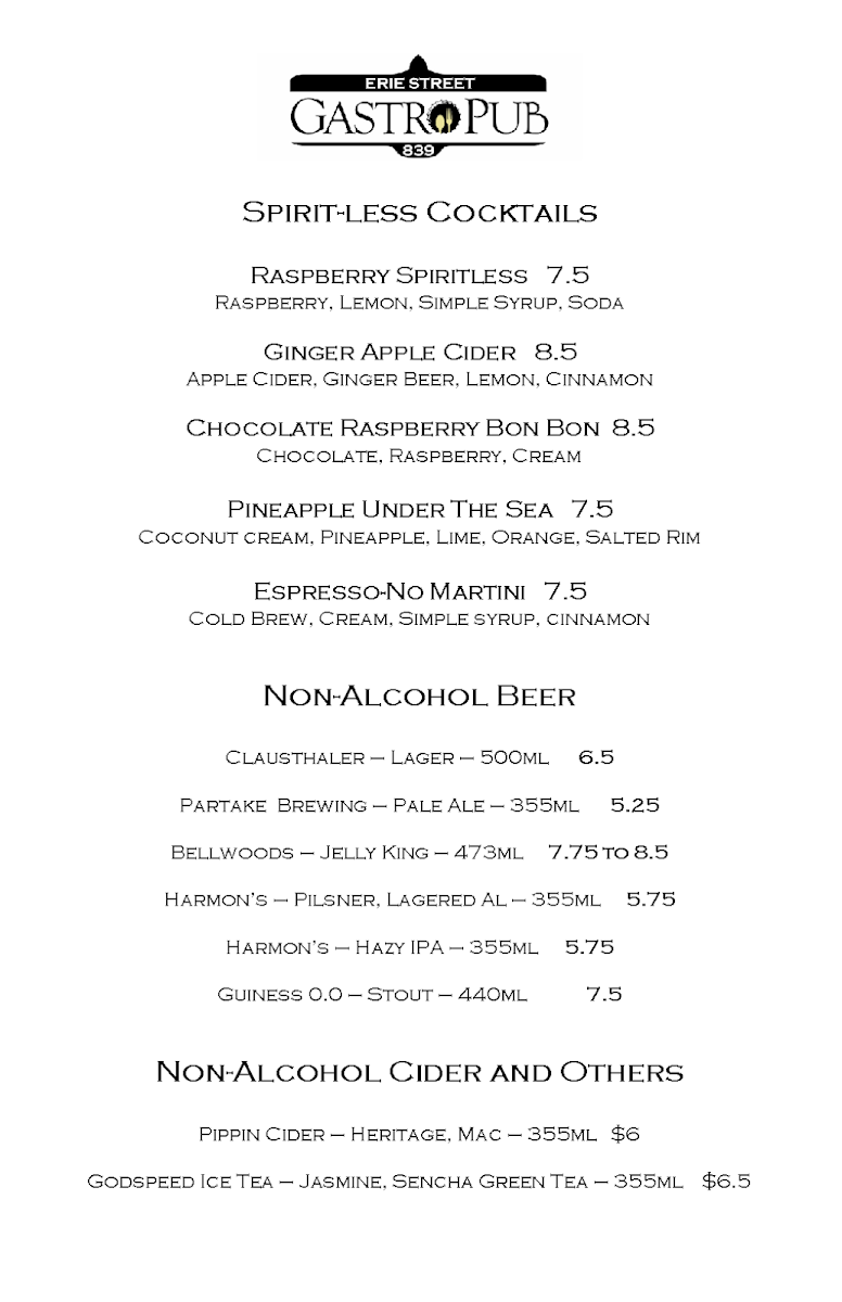 Menu, Erie St GastroPub