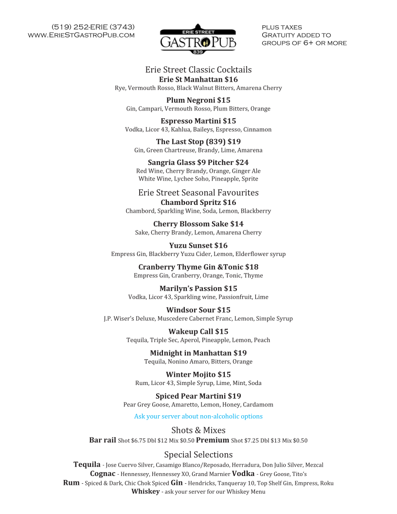 Menu, Erie St GastroPub