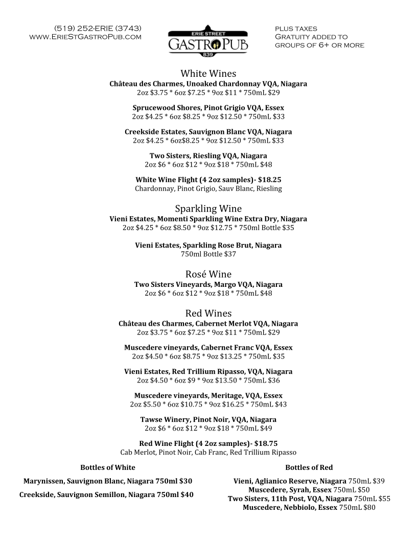 Menu, Erie St GastroPub