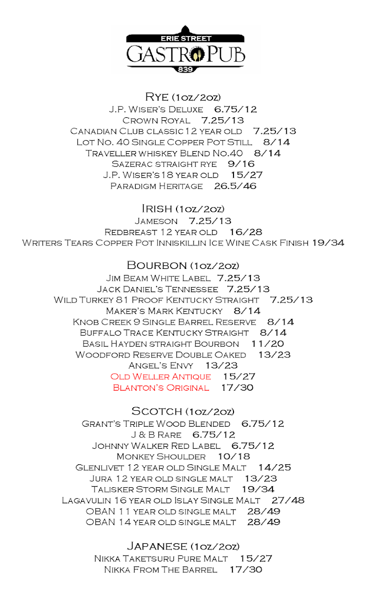 Menu, Erie St GastroPub