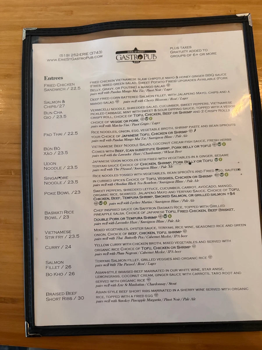 Menu, Erie St GastroPub