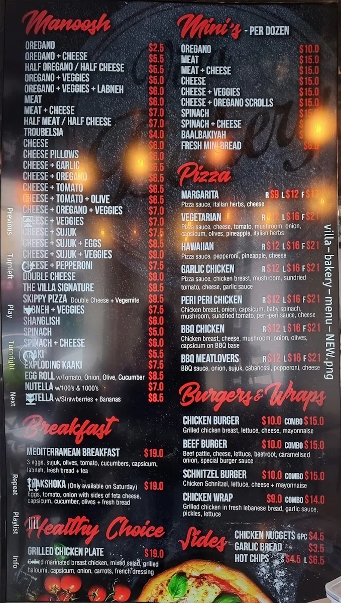 Menu, Villa bakery