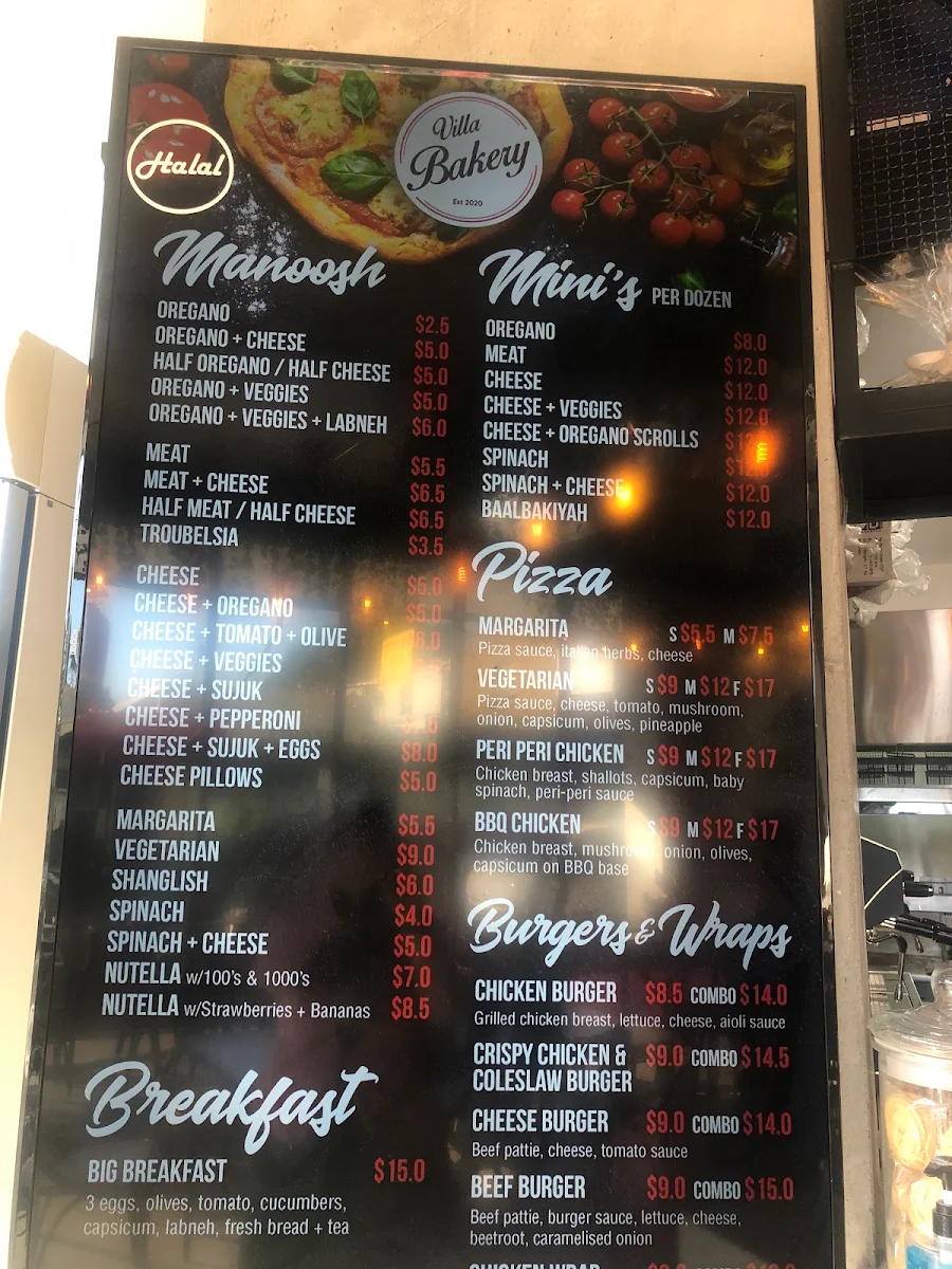 Menu, Villa bakery
