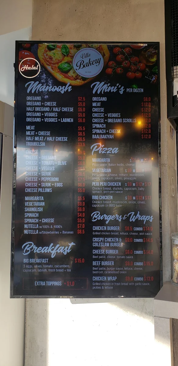 Menu, Villa bakery
