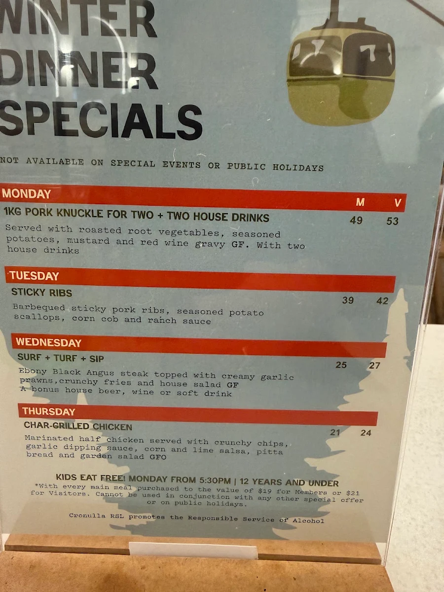 Menu, Cronulla RSL Club