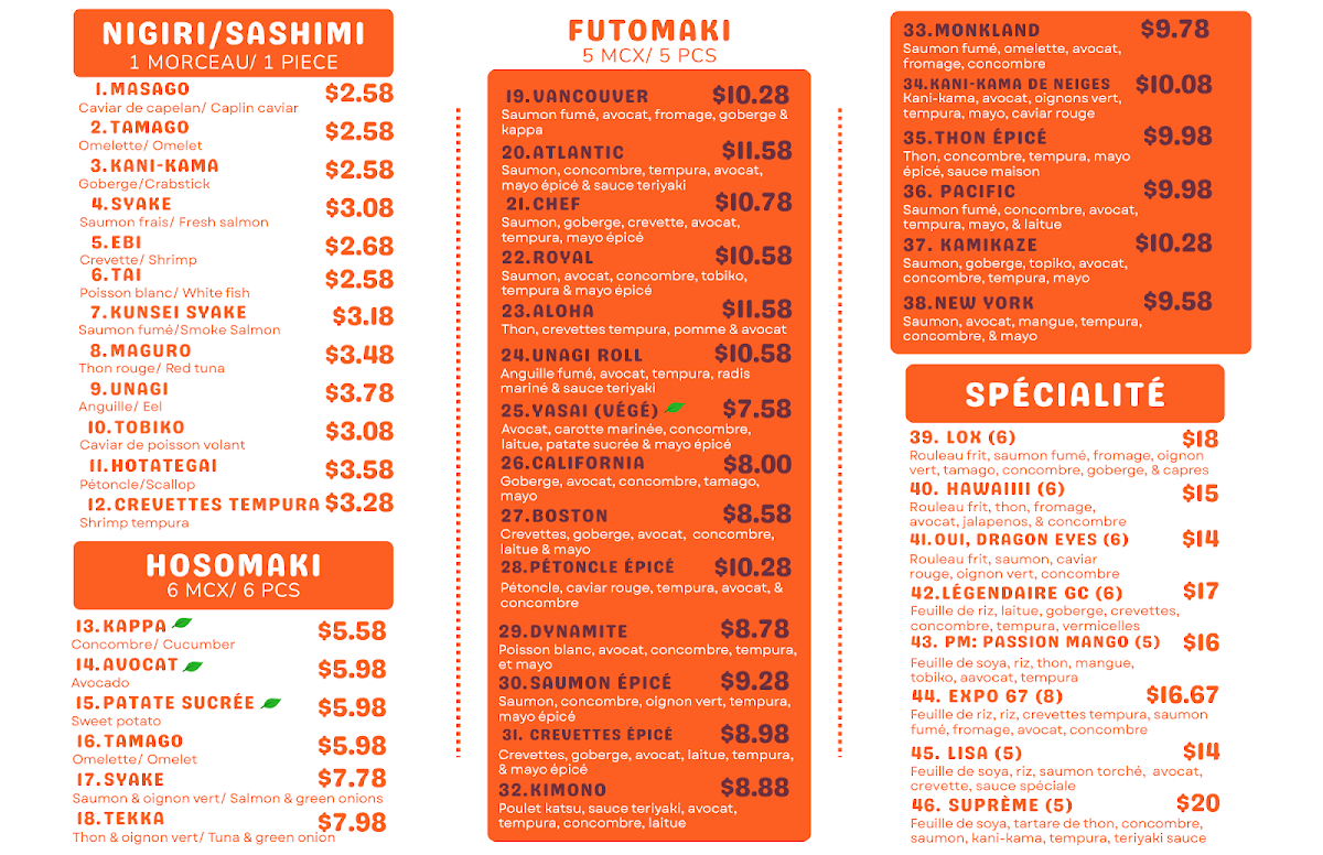 Menu, Bento Hachi