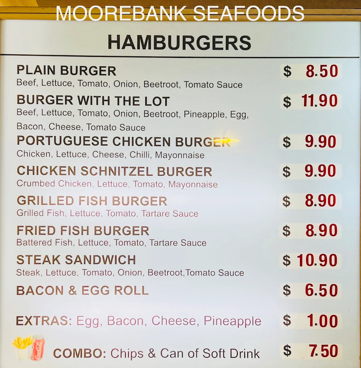 Menu, Moorebank Seafoods
