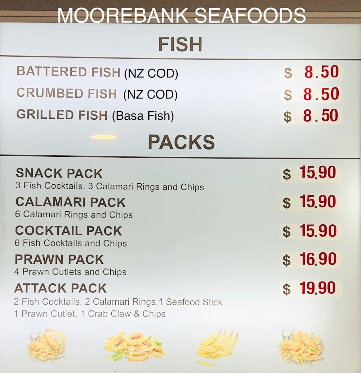 Menu, Moorebank Seafoods