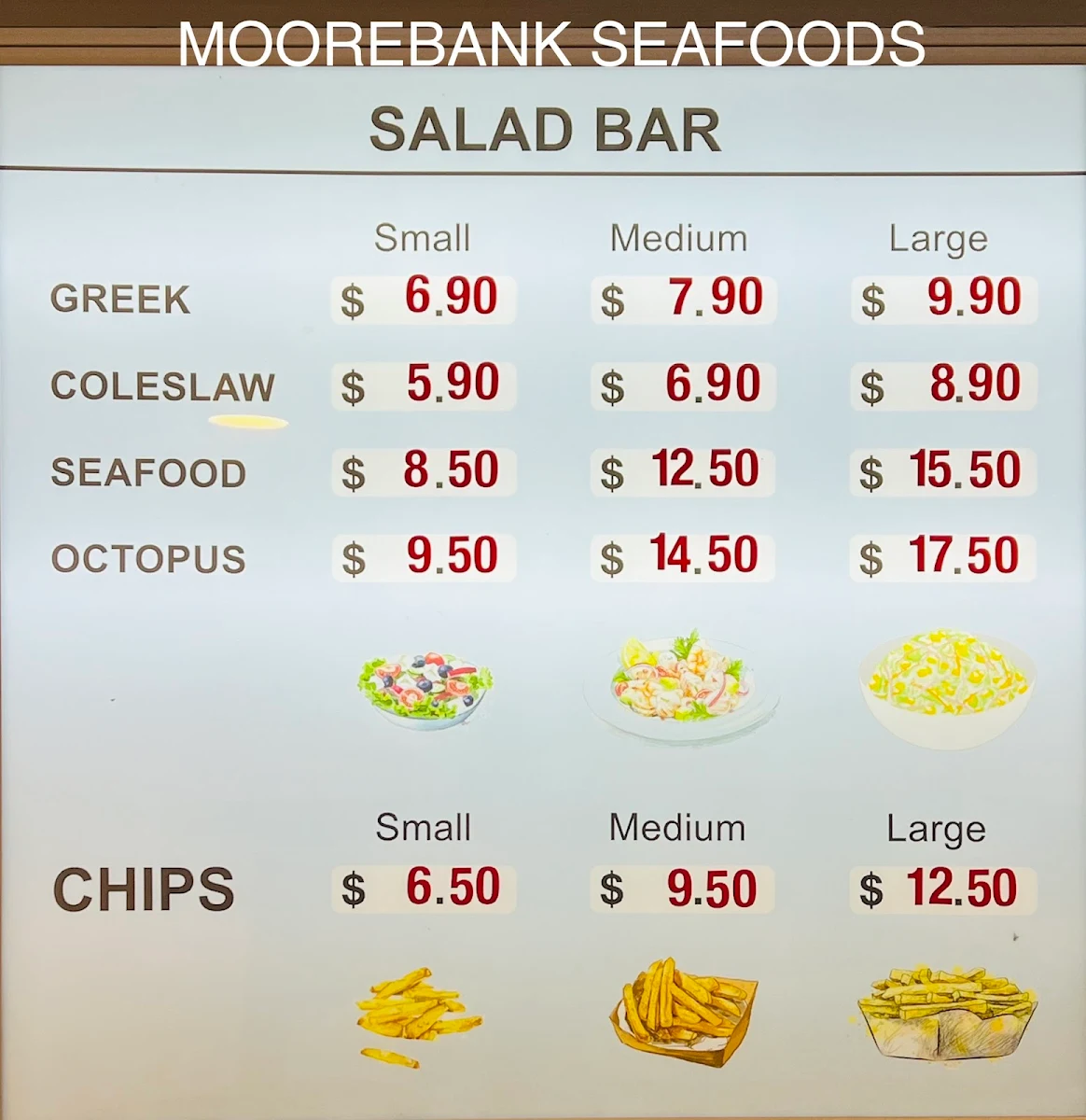 Menu, Moorebank Seafoods