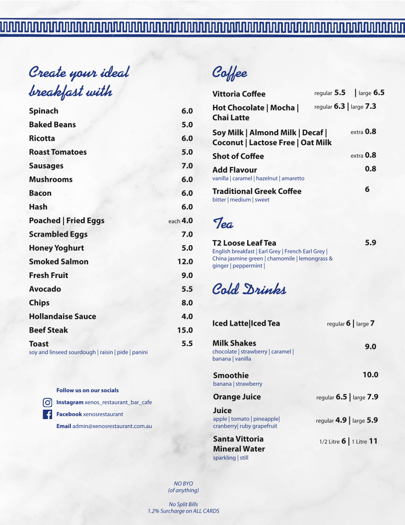 Menu, Xenos Restaurant Bar Cafe