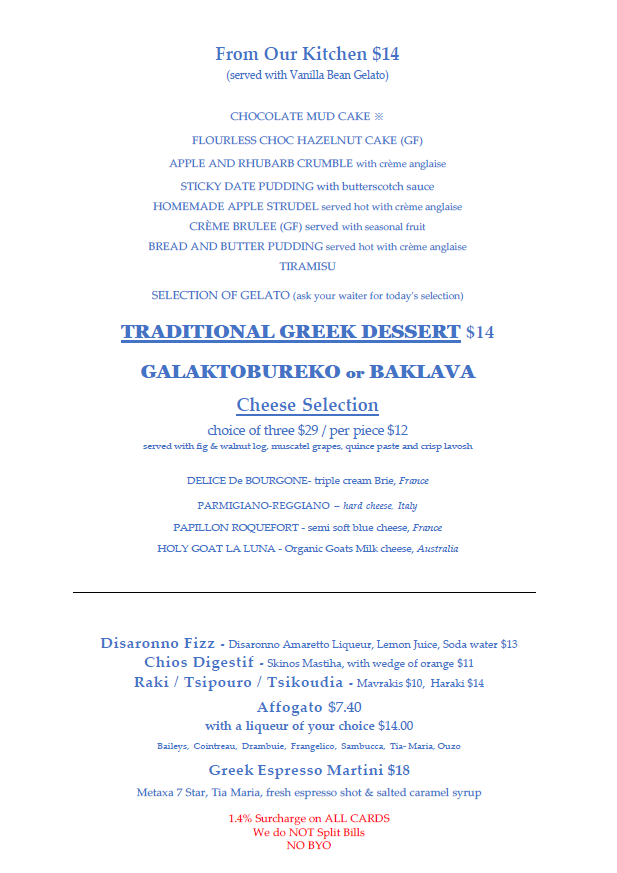 Menu, Xenos Restaurant Bar Cafe